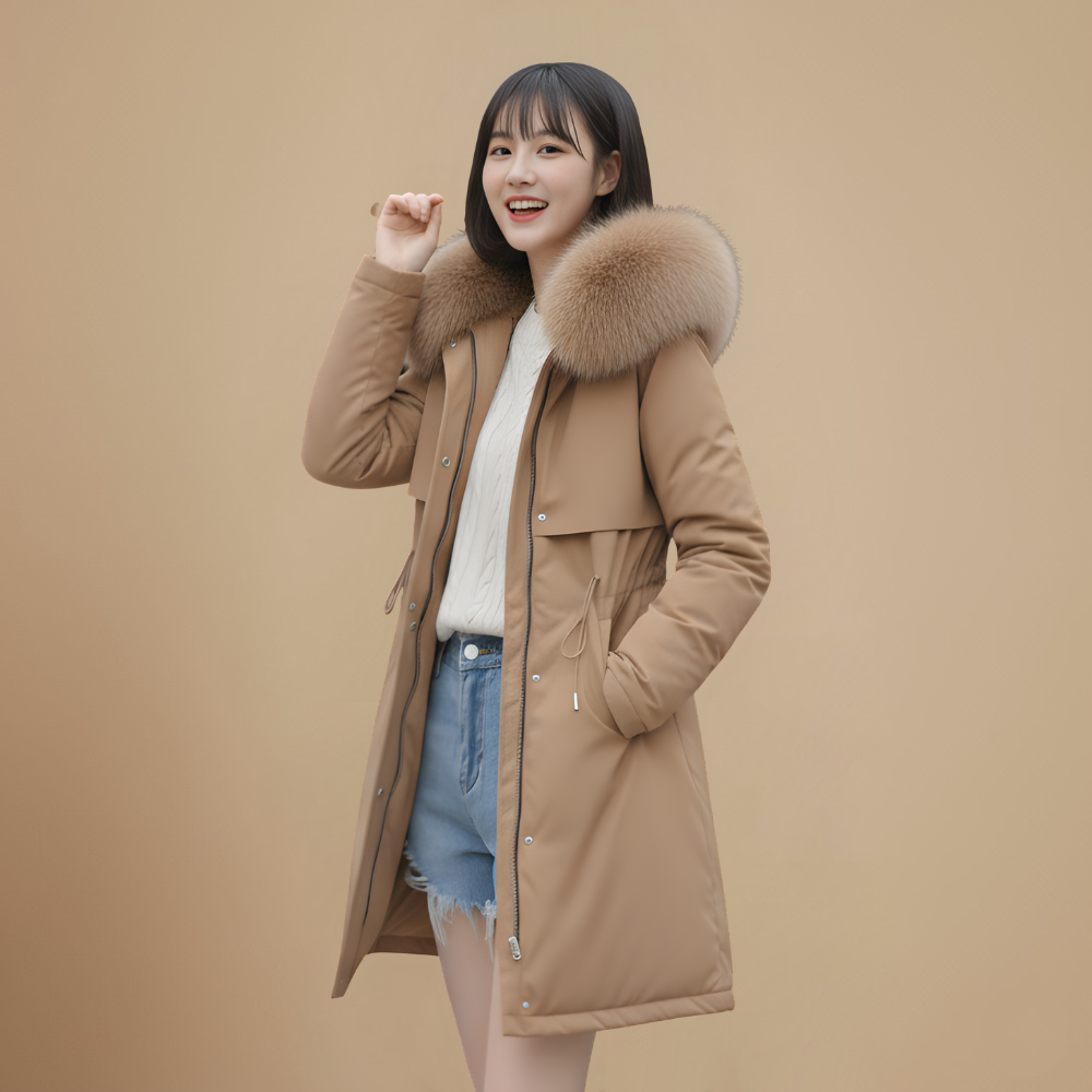 Women's Long Fur Collar Lined Winter Coat Fashion Grand