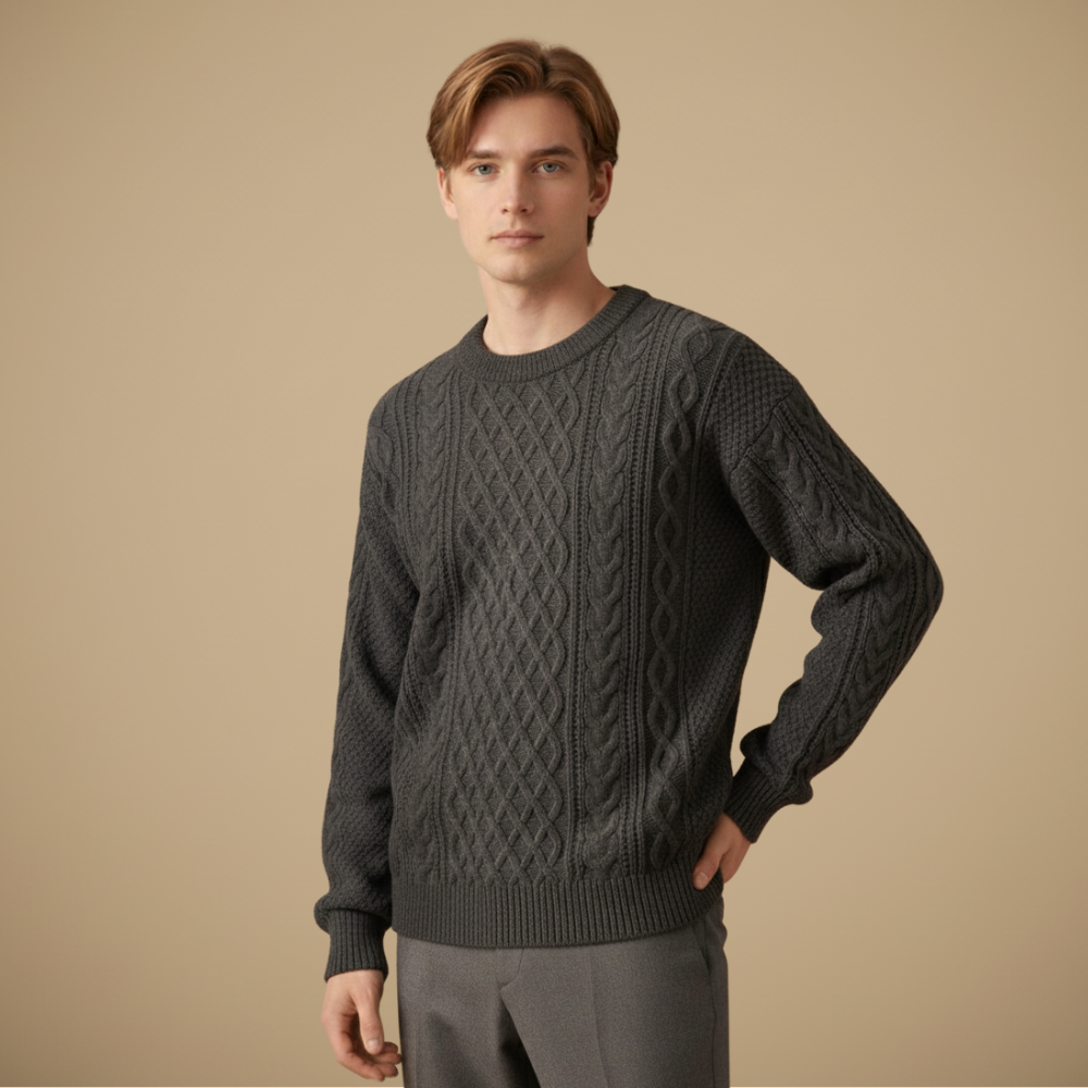 Men Relaxed Cable Knit Round Neck Sweater Fashion Grand