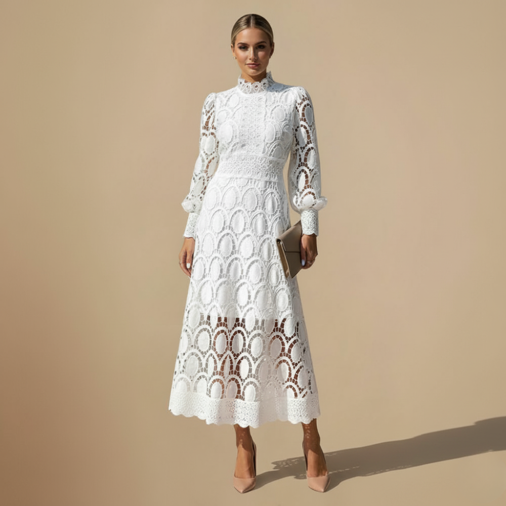 Elegant Lace Maxi Dress with Puff Sleeves Fashion Grand