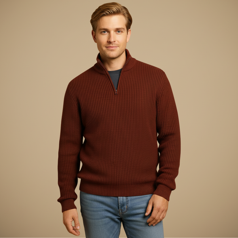Men's Ribbed Knit Quarter Zip Long Sleeve Pullover Fashion Grand