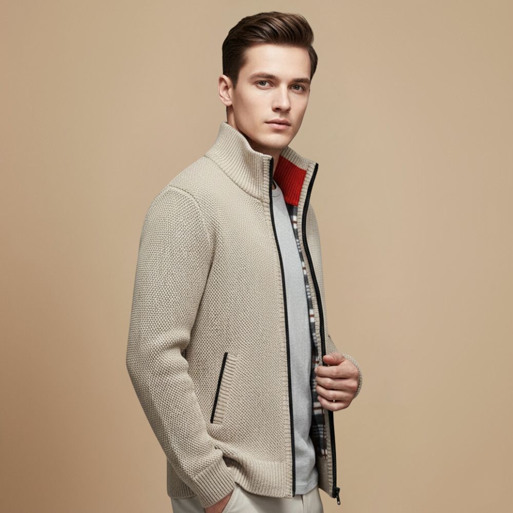 Thick Ribbed Knit Full Zip Sweater for Men Fashion Grand