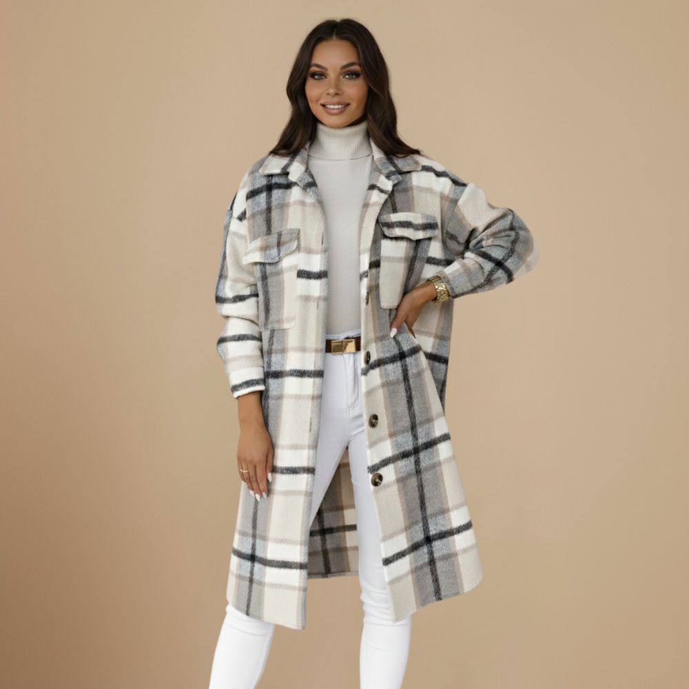 Plaid Wool Blend Long Coat for Women Fashion Grand