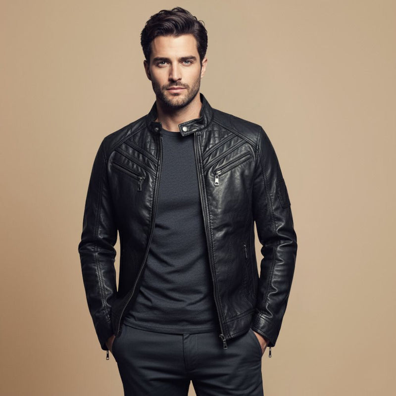 Slim Fit Zip-Up Motorcycle Jacket for Men Fashion Grand