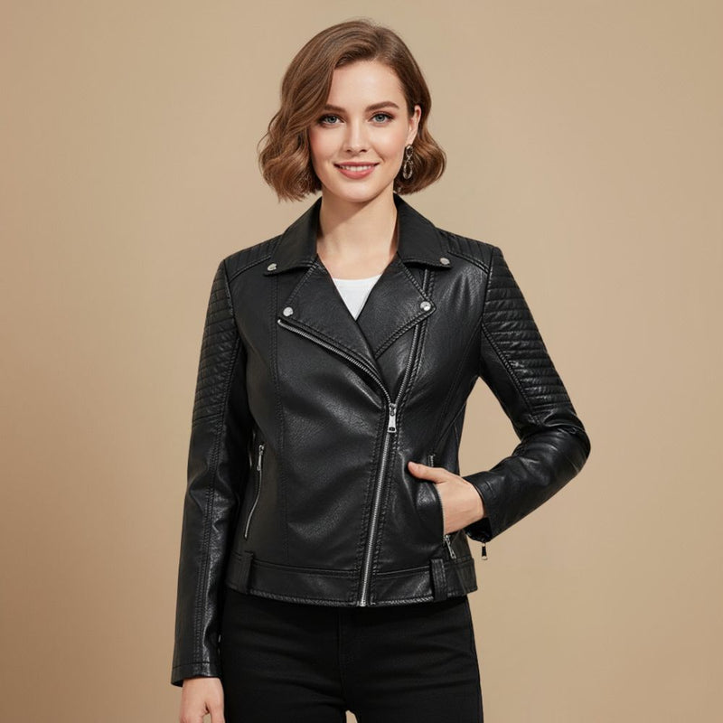 Women's Faux Leather Biker Jacket with Zipper Closure Fashion Grand