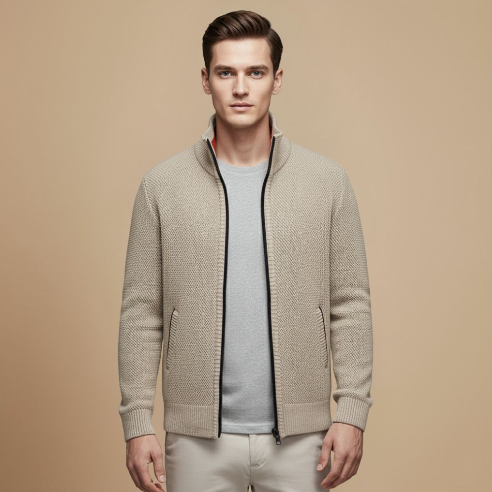 Thick Ribbed Knit Full Zip Sweater for Men Fashion Grand