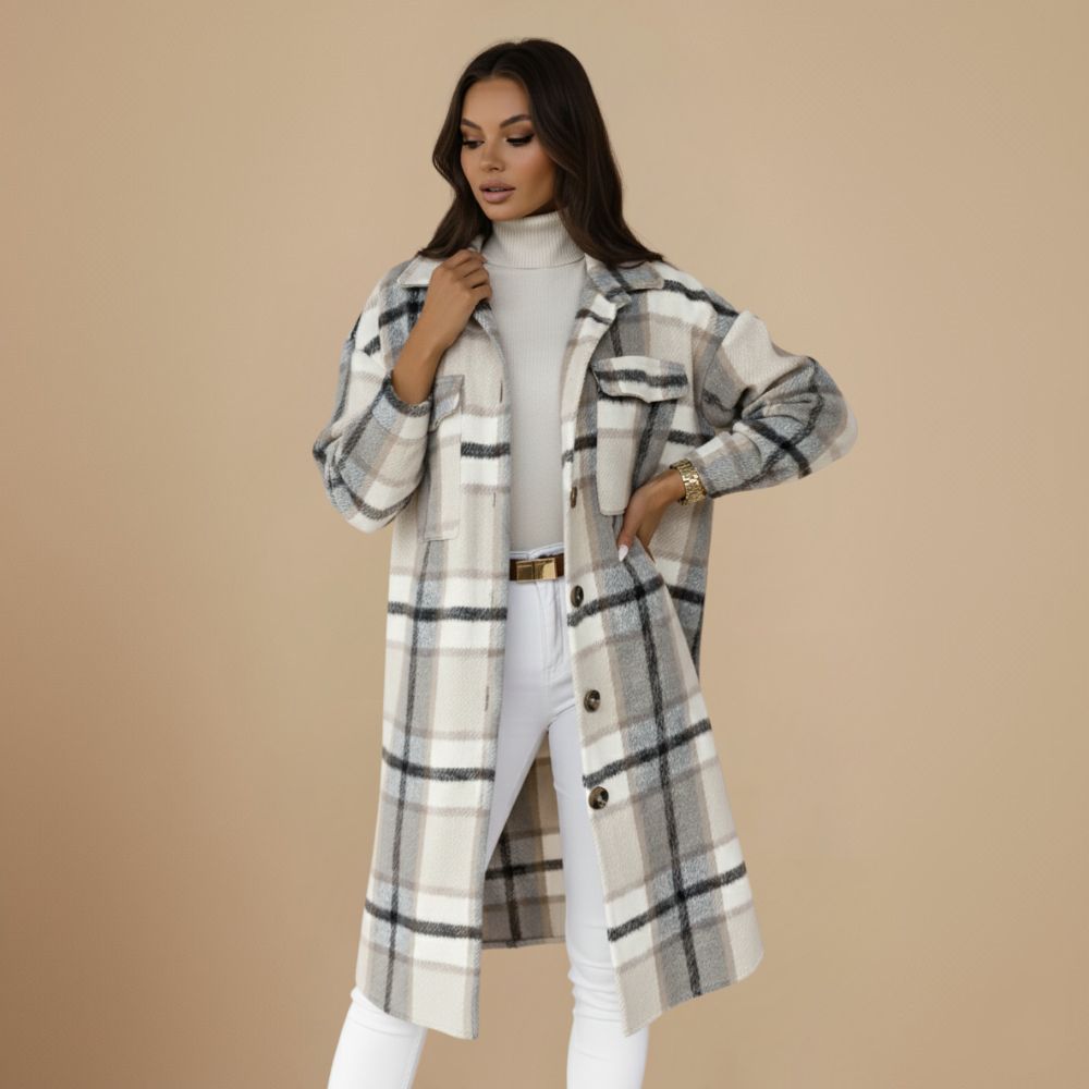 Plaid Wool Blend Long Coat for Women Fashion Grand