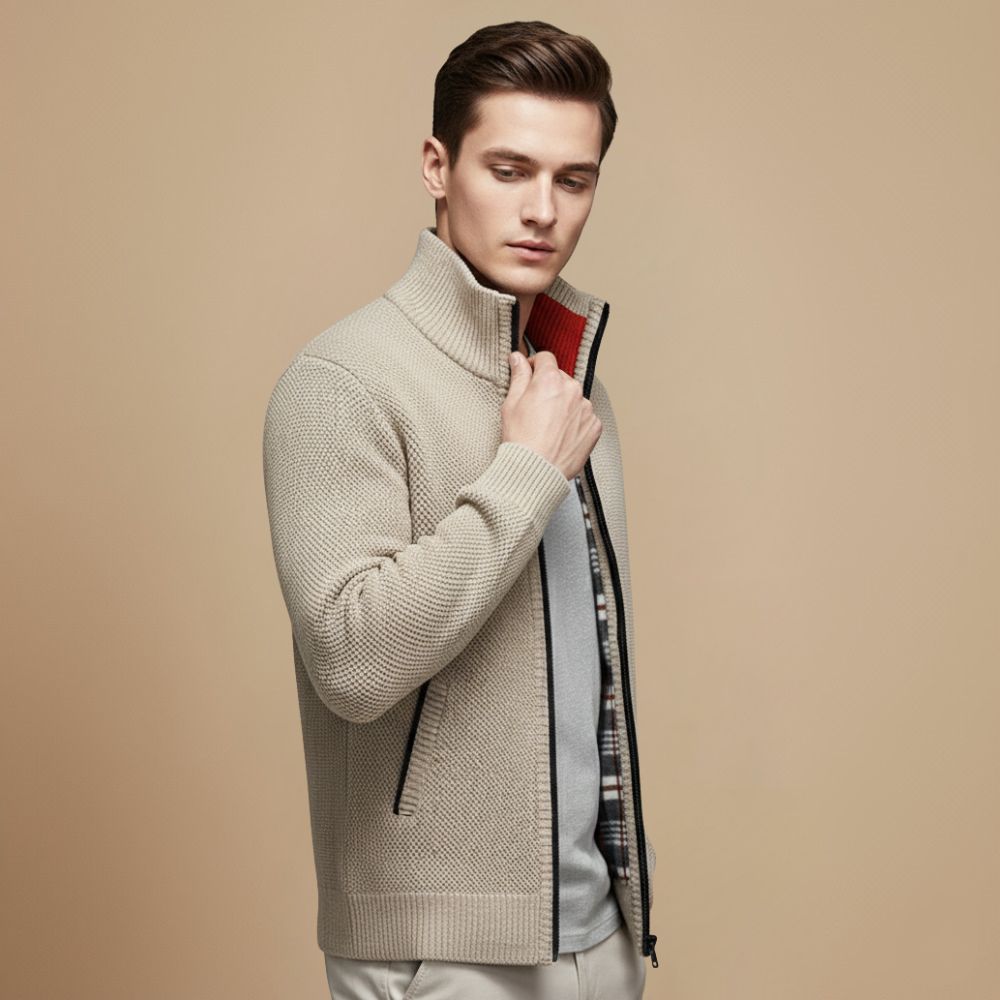 Thick Ribbed Knit Full Zip Sweater for Men Fashion Grand