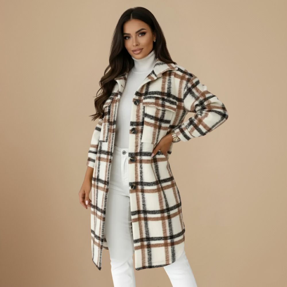Plaid Wool Blend Long Coat for Women Fashion Grand