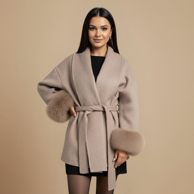 Elegant short coat drawstring faux trim Fashion Grand