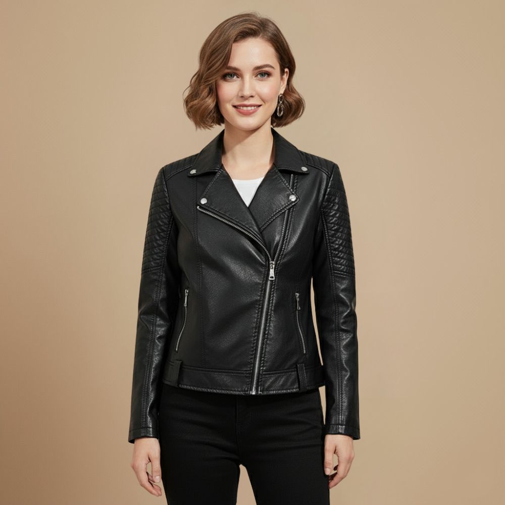 Women's Faux Leather Biker Jacket with Zipper Closure Fashion Grand