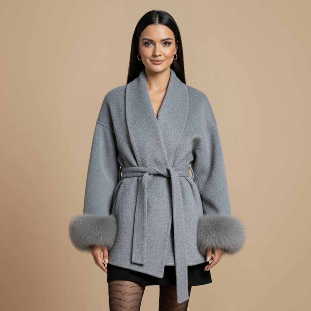 Elegant short coat drawstring faux trim Fashion Grand