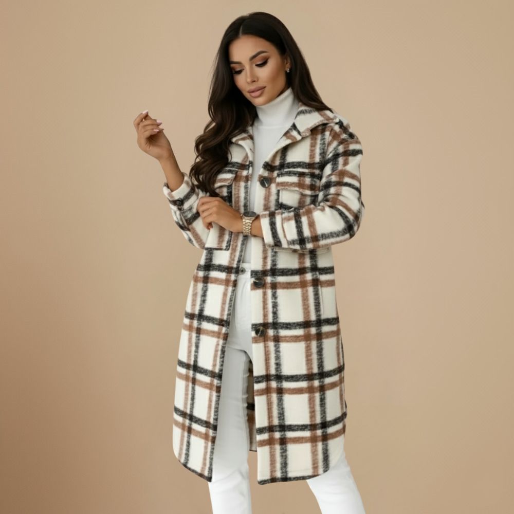 Plaid Wool Blend Long Coat for Women Fashion Grand
