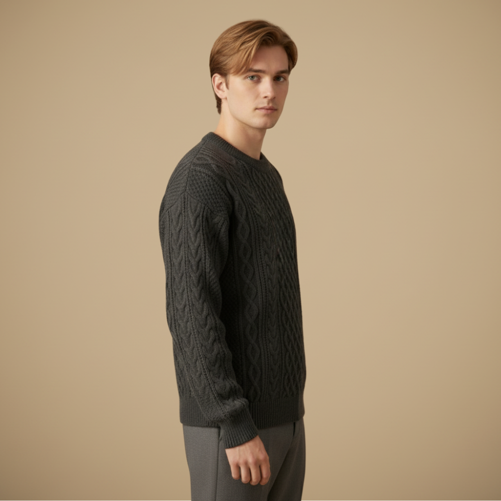 Men Relaxed Cable Knit Round Neck Sweater Fashion Grand