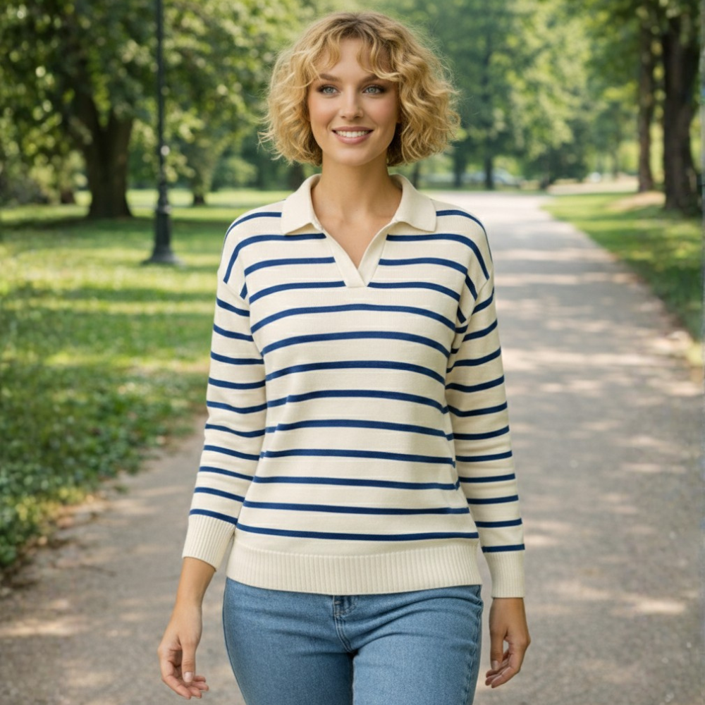 Women's Striped Polo Collar Knit Sweater Fashion Grand