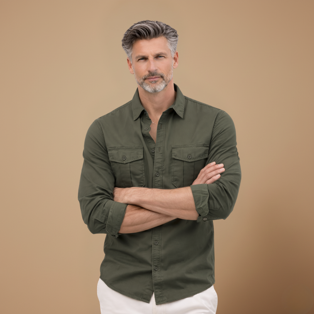 Men's casual long sleeve shirt with dual chest pockets Fashion Grand