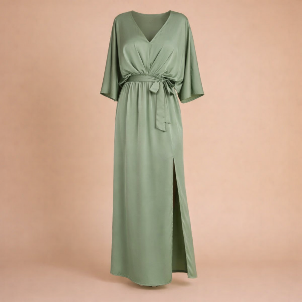 Women’s summer v-neck high waist & half sleeve midi dress Fashion Grand