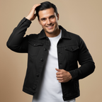 Men's Casual Black Solid Denim Jacket Fashion Grand