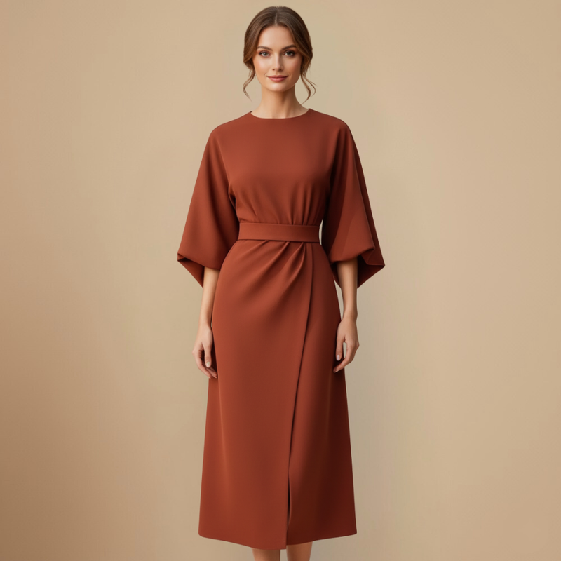 Elegant Minimalist Batwing Sleeve Round Neck Dress Fashion Grand