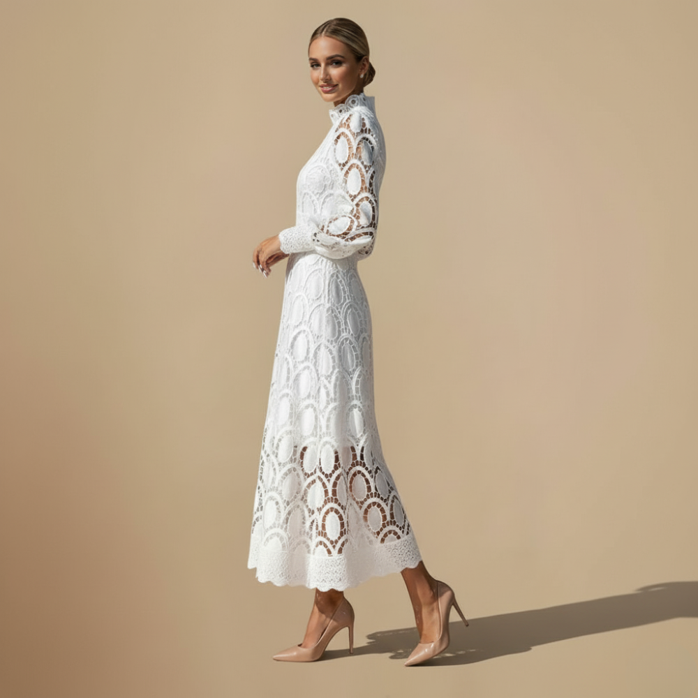 Elegant Lace Maxi Dress with Puff Sleeves Fashion Grand