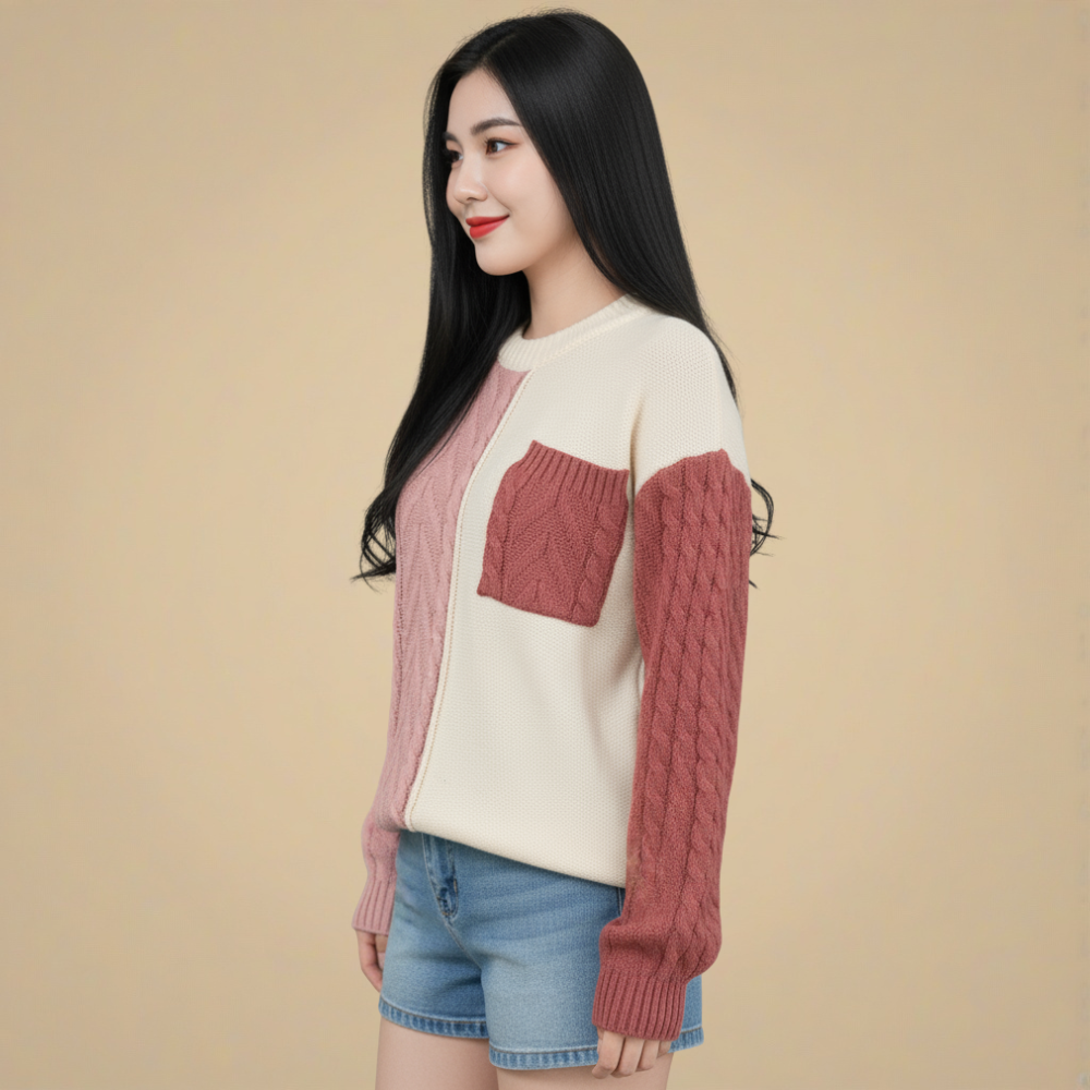 Cute Patchwork Cable Knit Casual Sweater for Women Fashion Grand