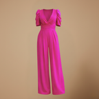 Women's puff sleeve v-neck wide jumpsuit Fashion Grand