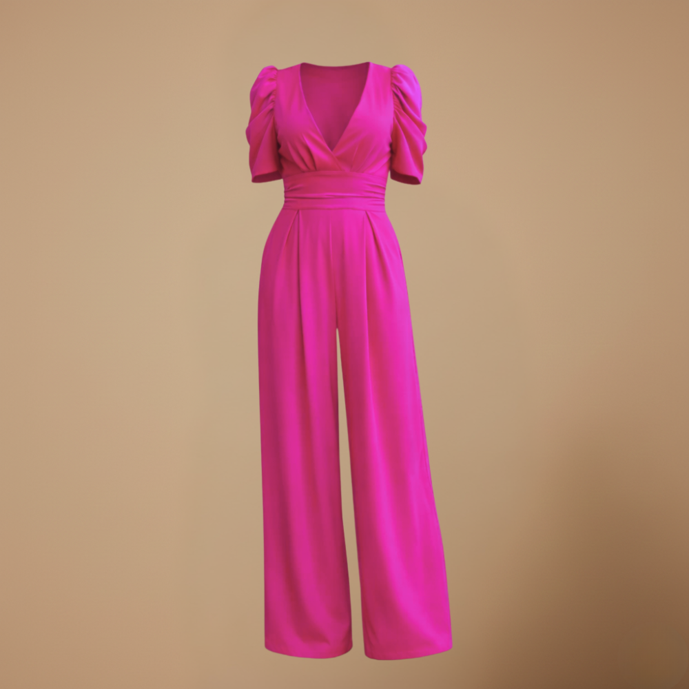 Women's puff sleeve v-neck wide jumpsuit Fashion Grand