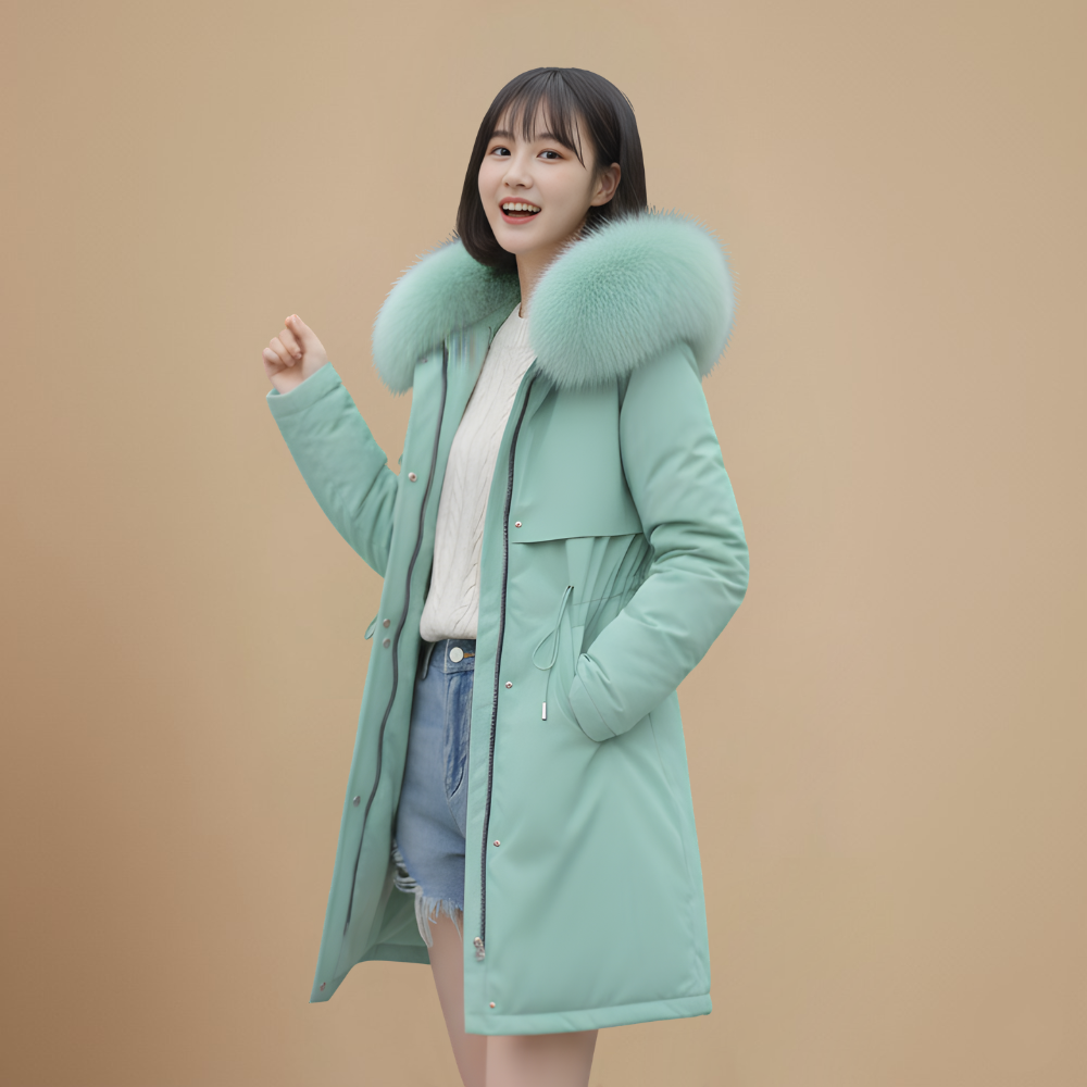 Women's Long Fur Collar Lined Winter Coat Fashion Grand