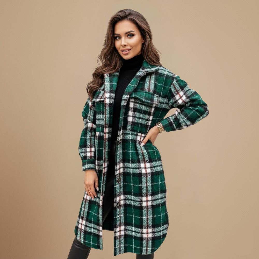 Plaid Wool Blend Long Coat for Women Fashion Grand