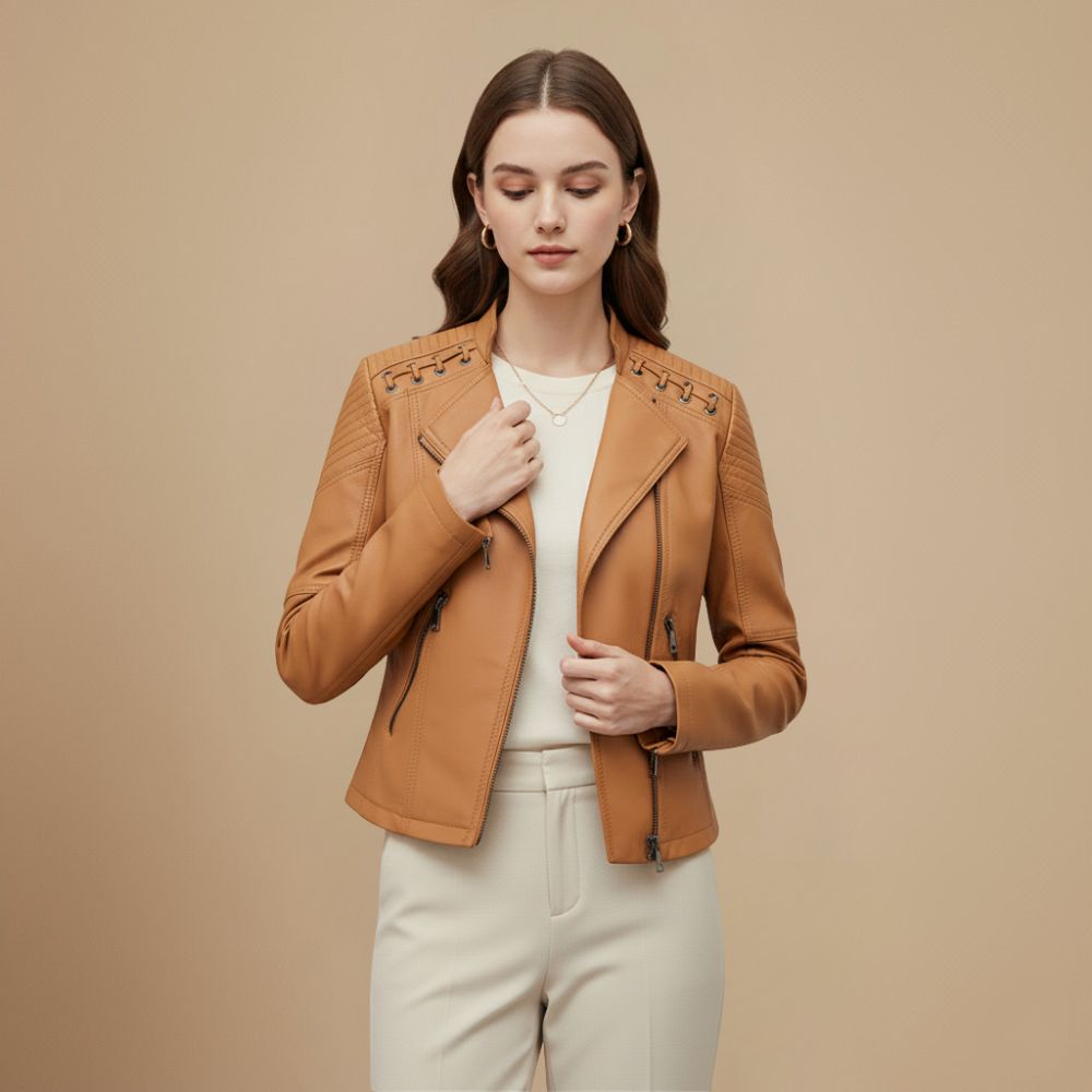 Chic Cropped Zip-Up Biker Style Jacket Fashion Grand