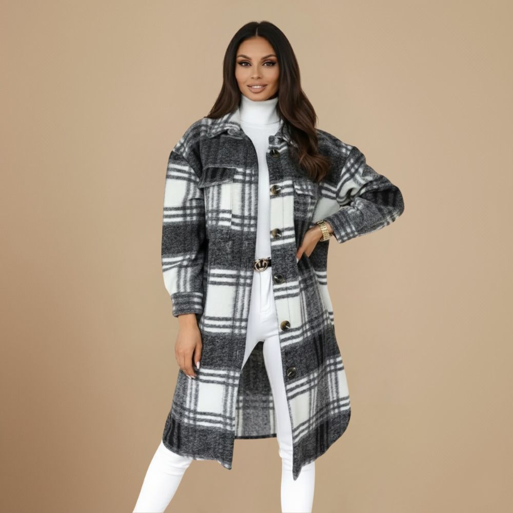 Plaid Wool Blend Long Coat for Women Fashion Grand