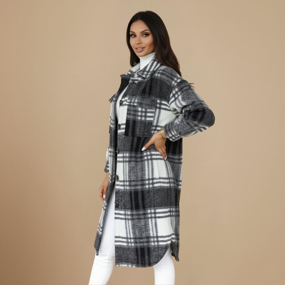 Plaid Wool Blend Long Coat for Women Fashion Grand