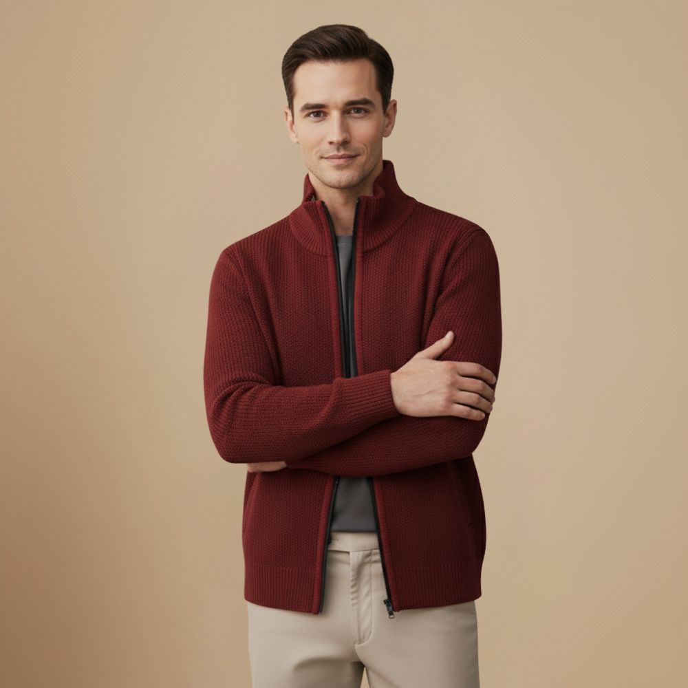 Thick Ribbed Knit Full Zip Sweater for Men Fashion Grand
