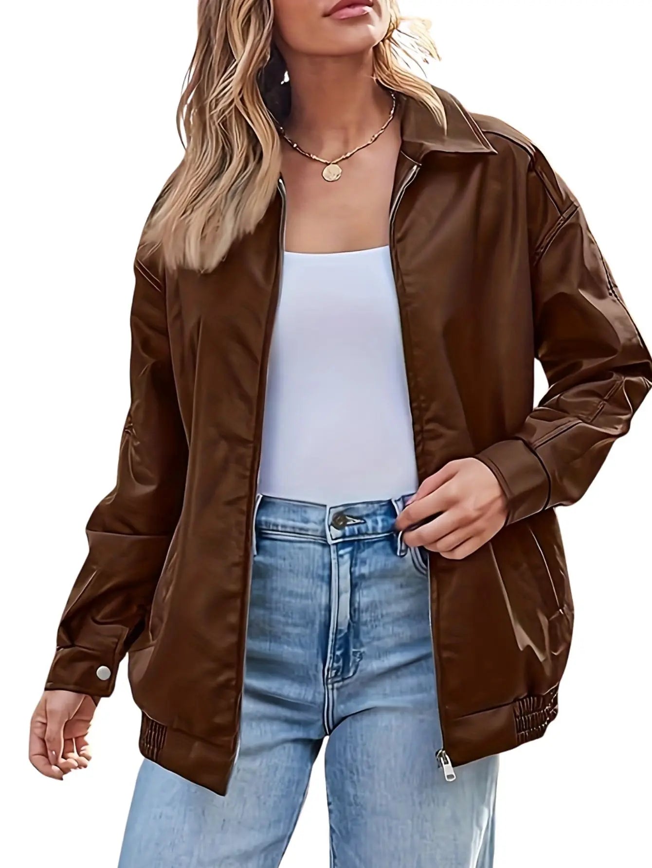 Women's Oversized Leather Zip Jacket Fashion Grand