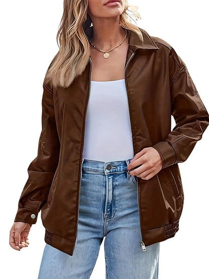 Women's Oversized Leather Zip Jacket Fashion Grand