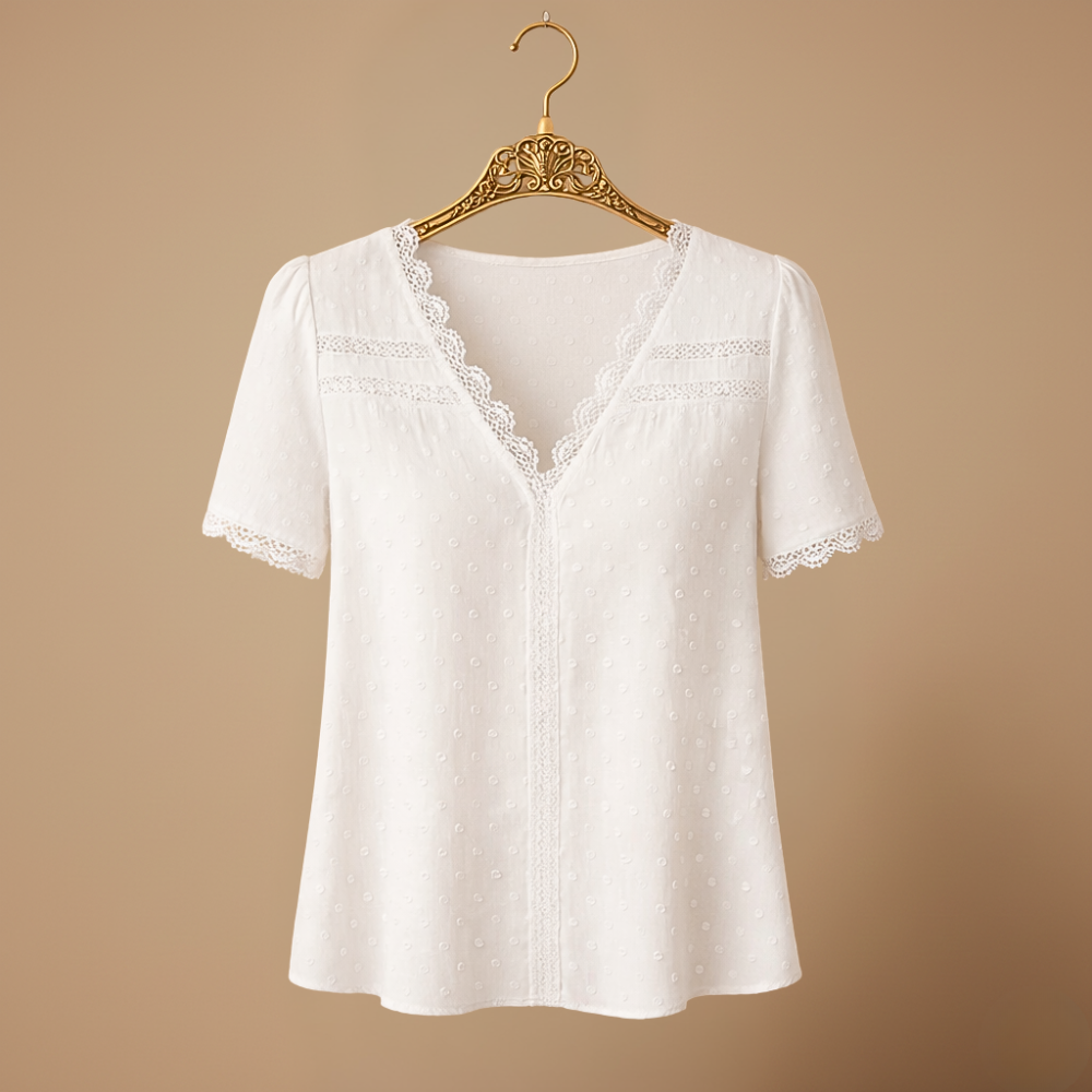 Women's summer lace trim v-neck blouse Fashion Grand
