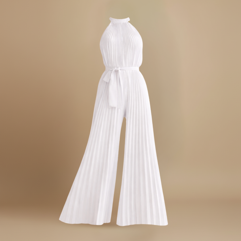 Women’s pleated high neck jumpsuit with belt and flowing fit Fashion Grand
