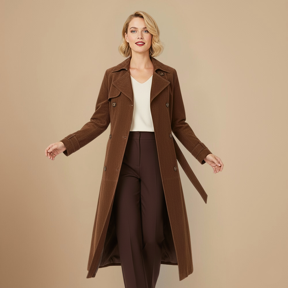 Elegant Suede Long Double Breasted Trench Fashion Grand