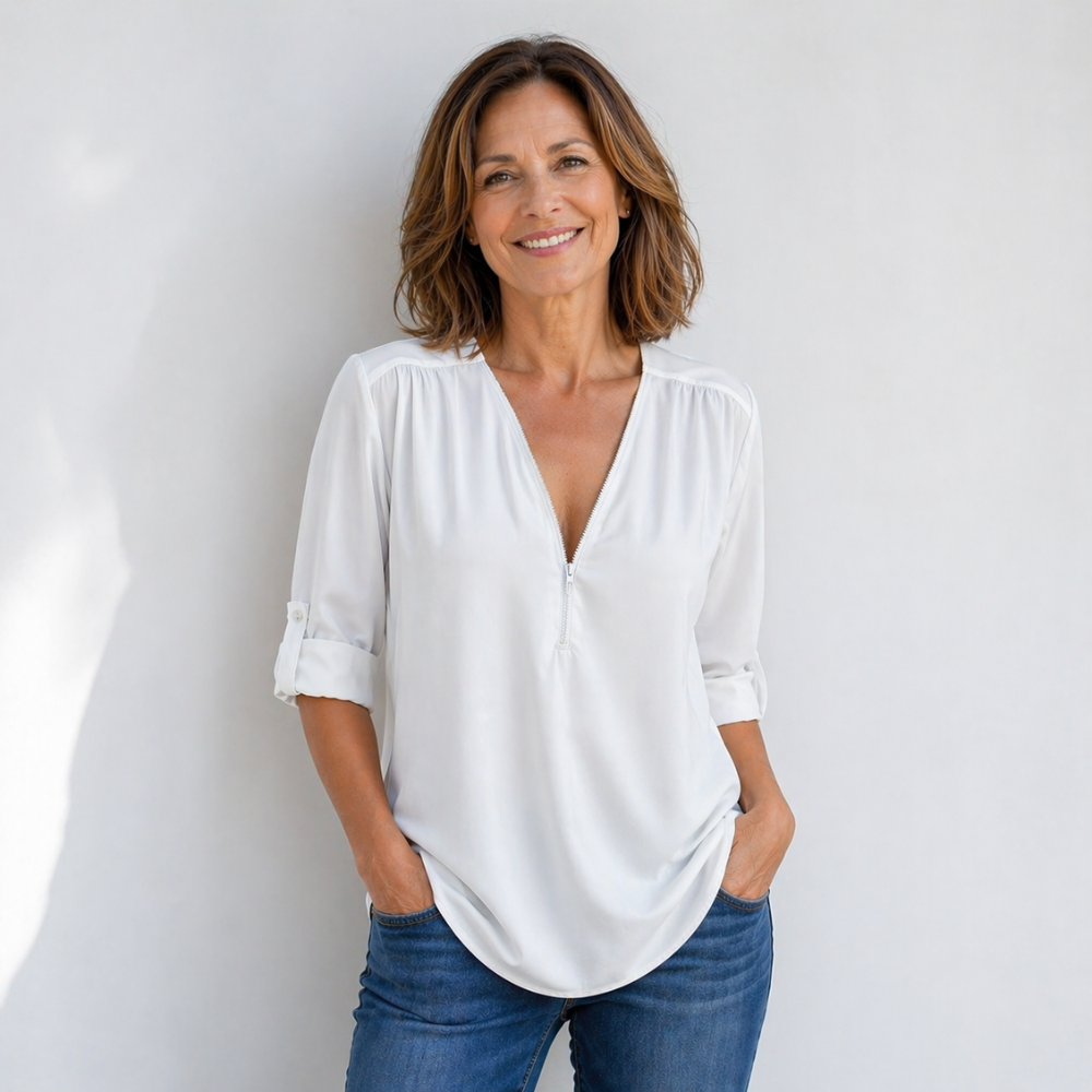 Women’s zipped v-neck loose fit casual blouse Fashion Grand
