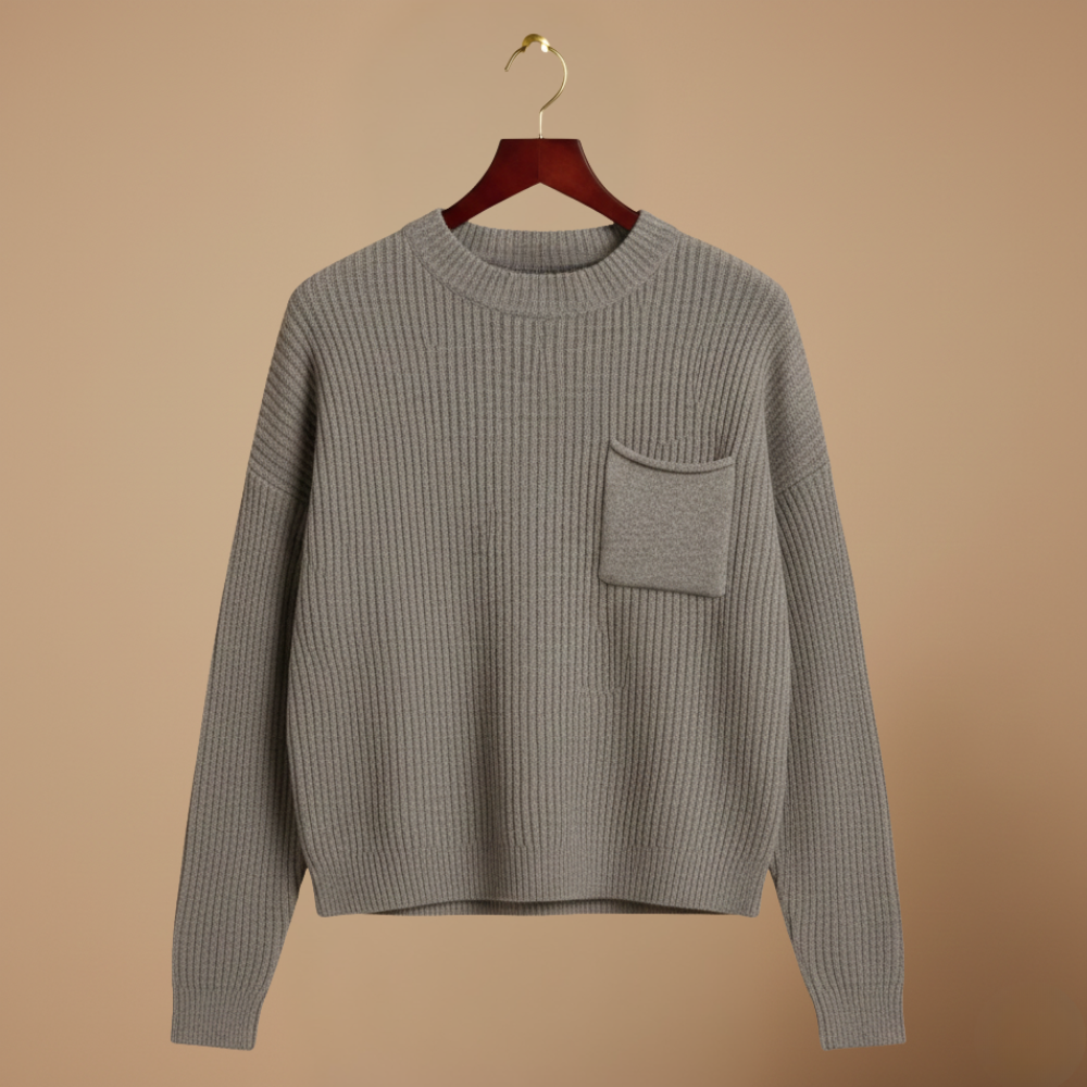 Crew Neck Knitted Sweater with Chest Pocket for Women Fashion Grand