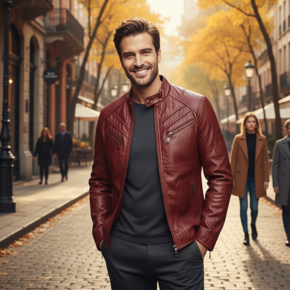 Slim Fit Zip-Up Motorcycle Jacket for Men Fashion Grand