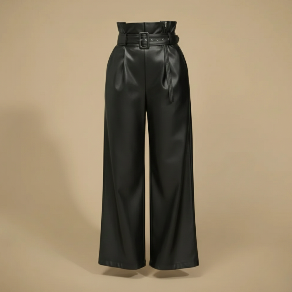 Women's high-waisted leather wide-leg trousers Fashion Grand