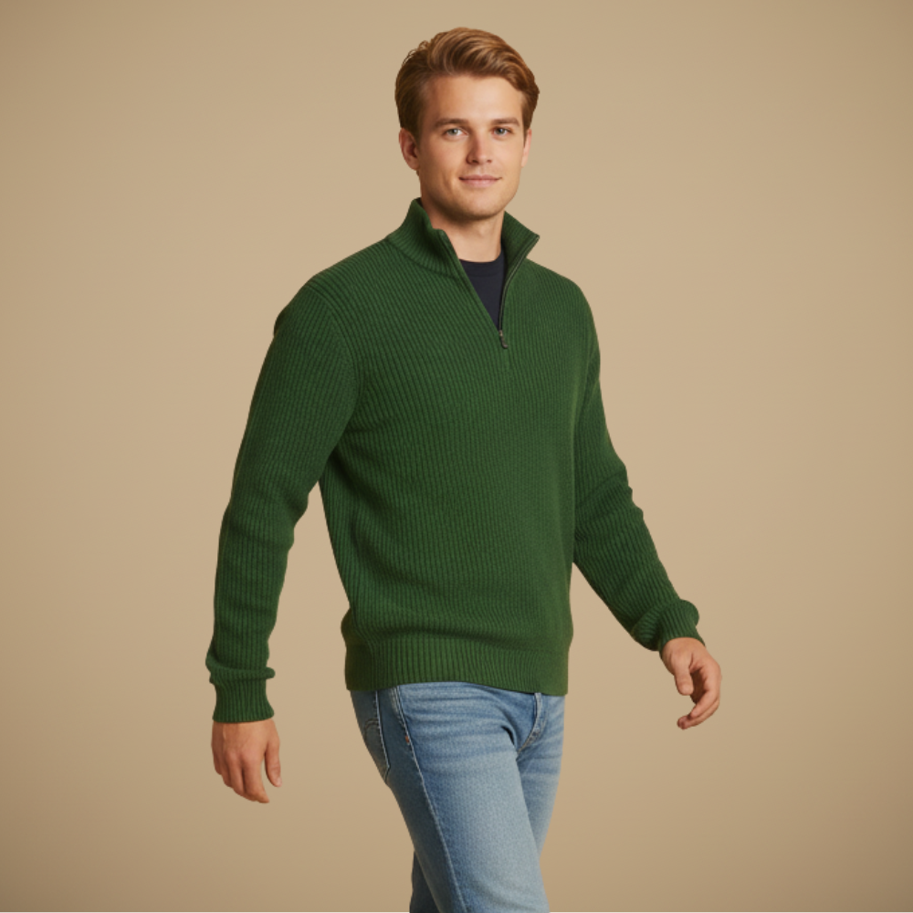 Men's Ribbed Knit Quarter Zip Long Sleeve Pullover Fashion Grand