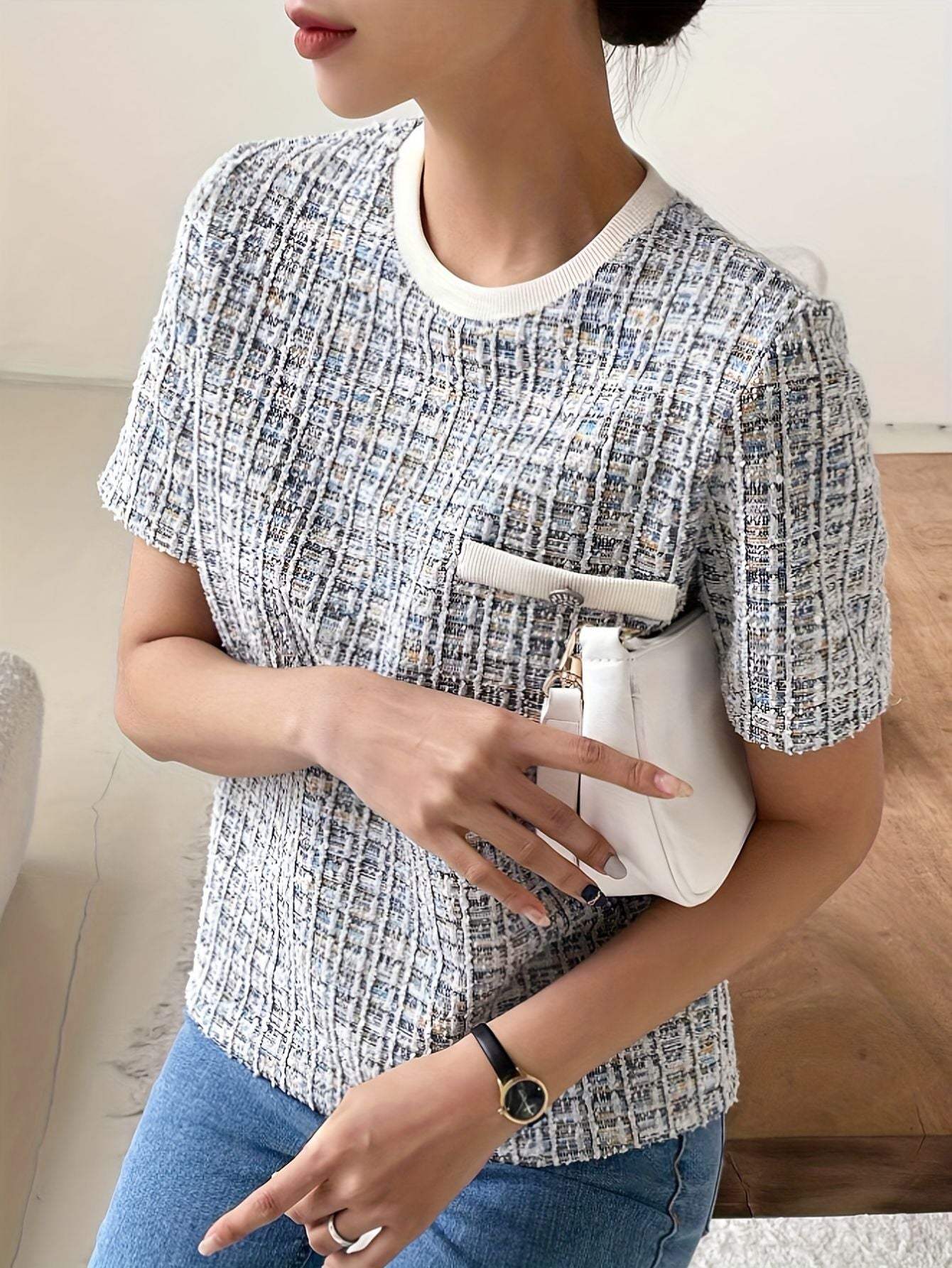 Women's Textured Tweed Pocket T-Shirt Fashion Grand