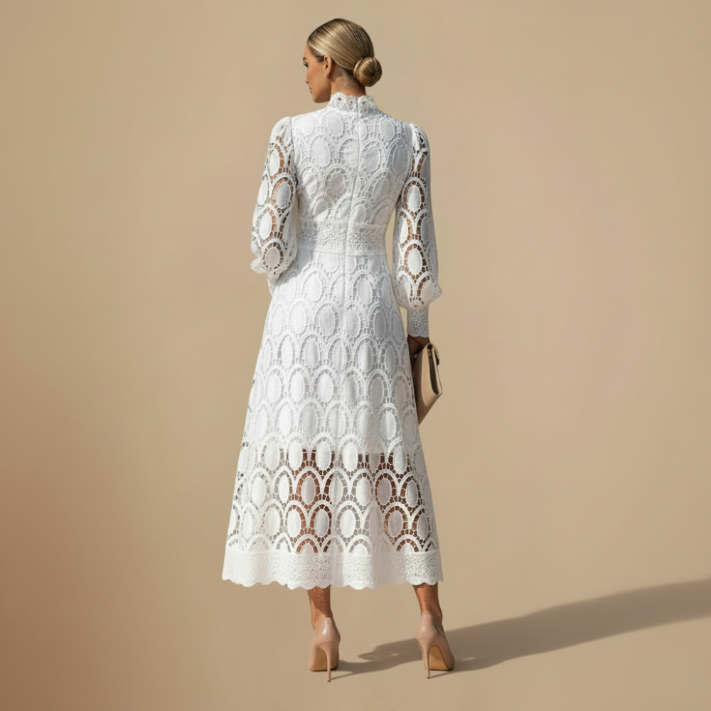 Elegant Lace Maxi Dress with Puff Sleeves Fashion Grand