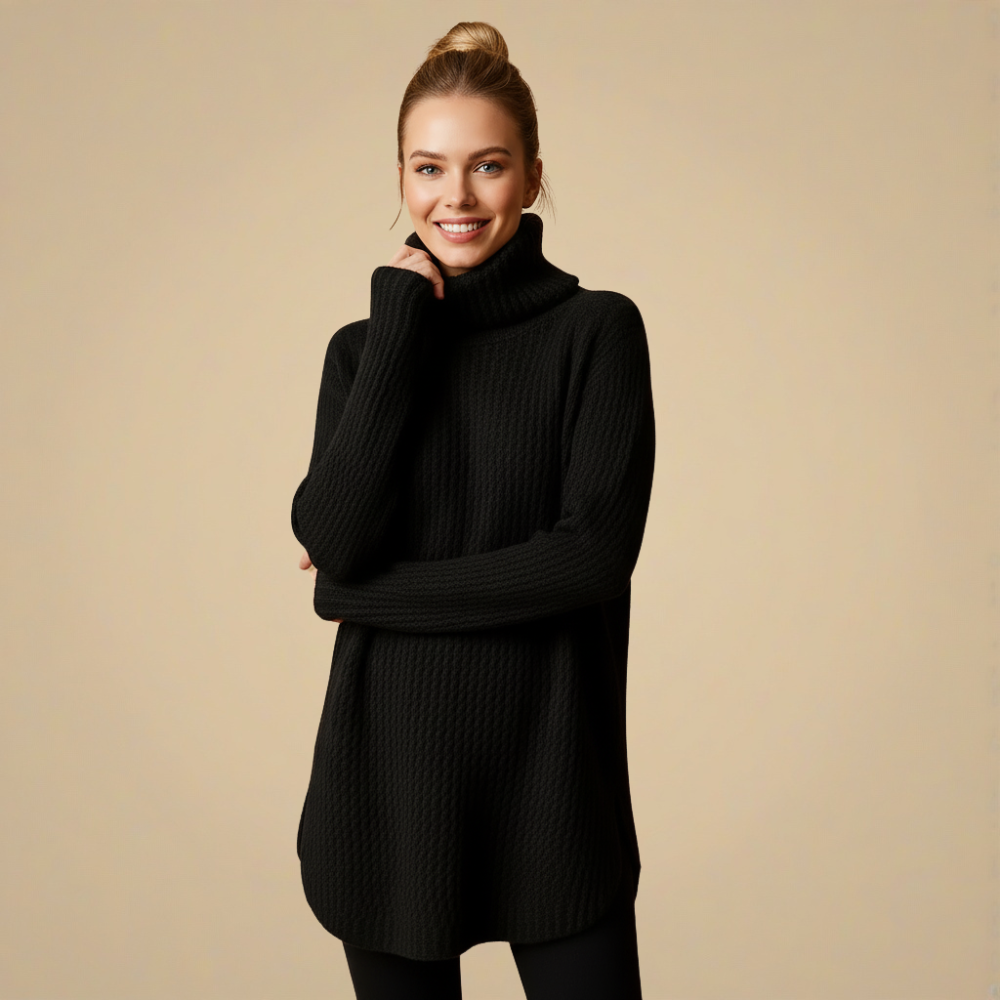 Elegant Roll Neck Knitted Tunic Sweater Fashion Grand