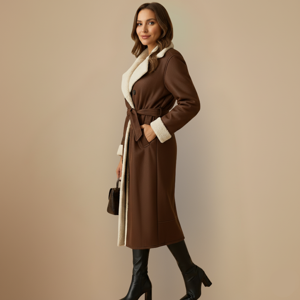 Long women's faux leather coat with fleece lining Fashion Grand