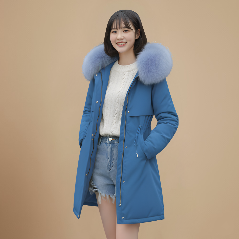 Women's Long Fur Collar Lined Winter Coat Fashion Grand