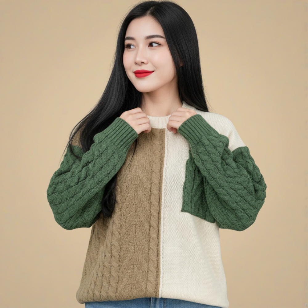 Cute Patchwork Cable Knit Casual Sweater for Women Fashion Grand
