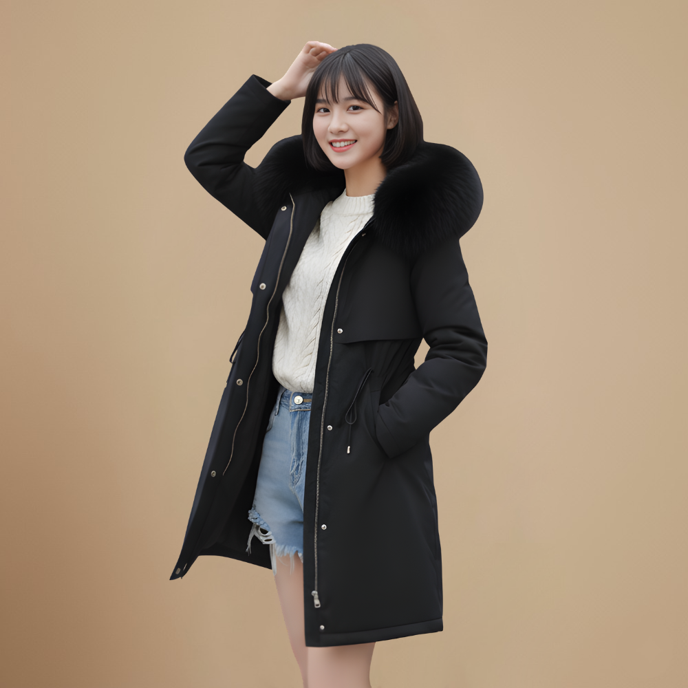 Women's Long Fur Collar Lined Winter Coat Fashion Grand