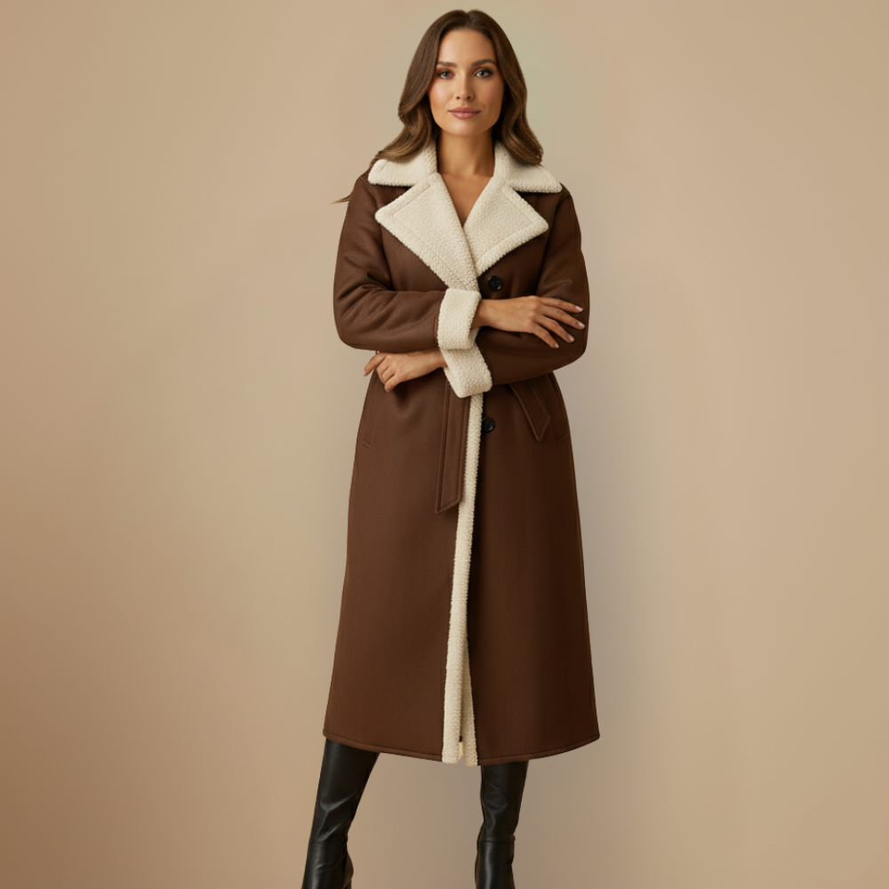 Long women's faux leather coat with fleece lining Fashion Grand